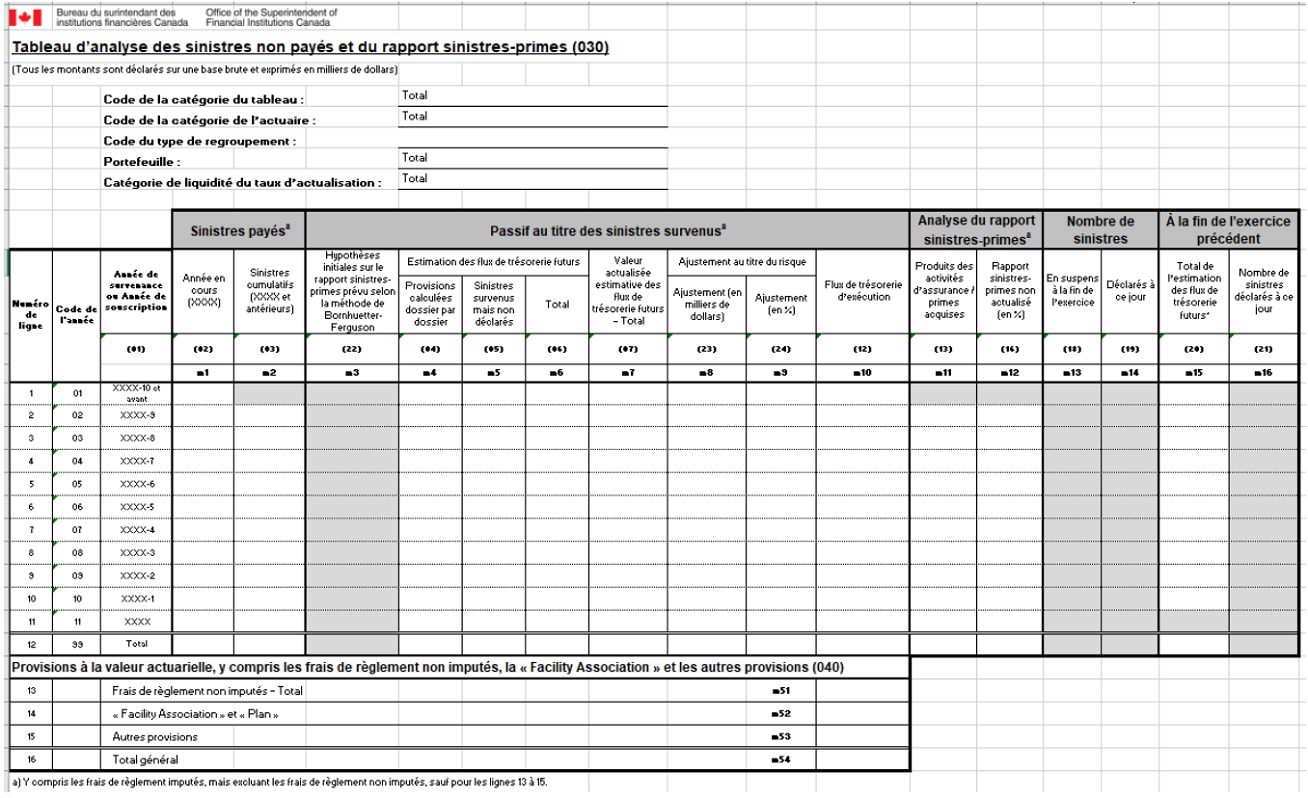 Capture d’écran 2 - Formulaire du tableau d’analyse des sinistres non payés et du rapport sinistres-primes (030)