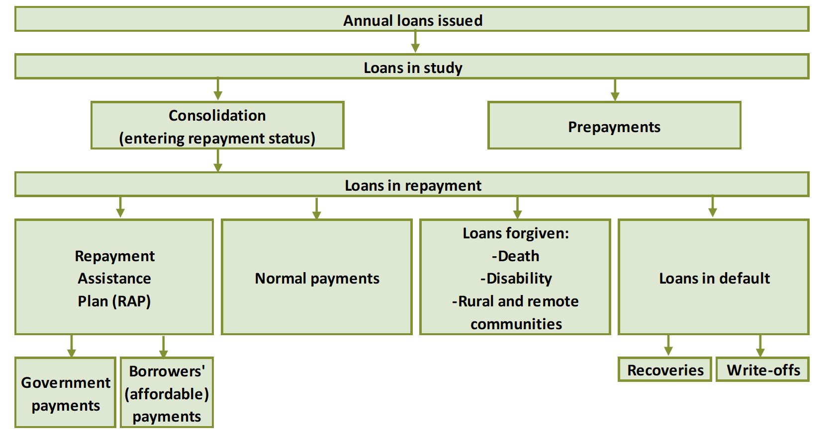 Chart 3. Flow chart showing the evolution of CSFA loans from the moment they are issued. Text version below.