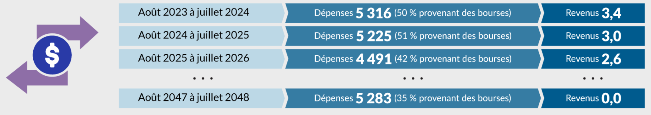 Se référer à la description texte Projection des dépenses et des revenus ci-dessous.